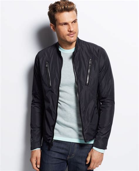 black michael kors lightweight nylon racer jacket|Michael Kors men's leather jacket.